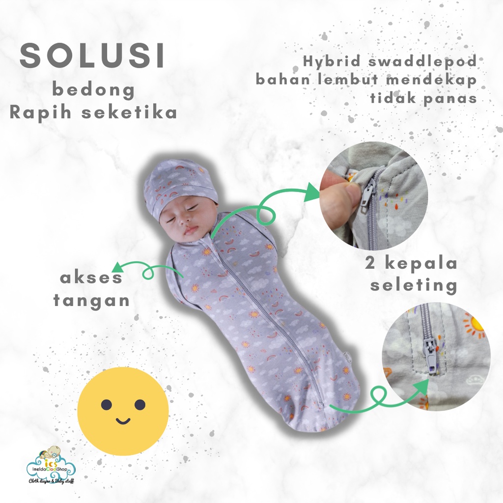 Bedong instant Cuddle me Hybrid Swaddle pod set dengan topi