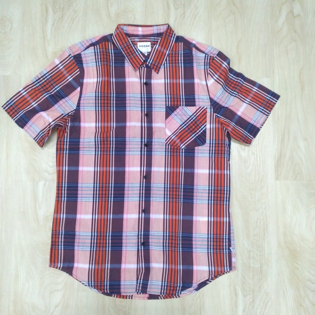 Guess Kemeja Flanel Pria – Orange Kotak Ungu ( Kemeja Pria Dewasa ) Guess