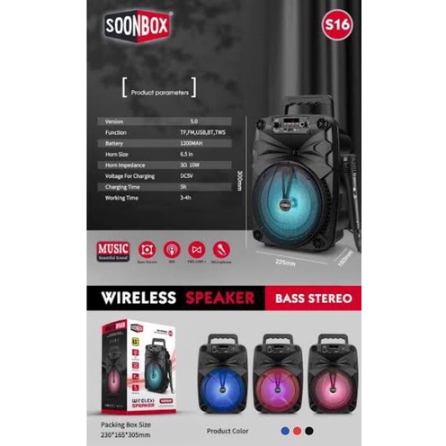 Speaker + MIC Bluetooth Karaoke SOONBOX S15, S16, S17 Full Bass 6.5inch WIRELESS SPEAKER PORTABLE SPEAKER MUSIC BOX BLUETOOTH