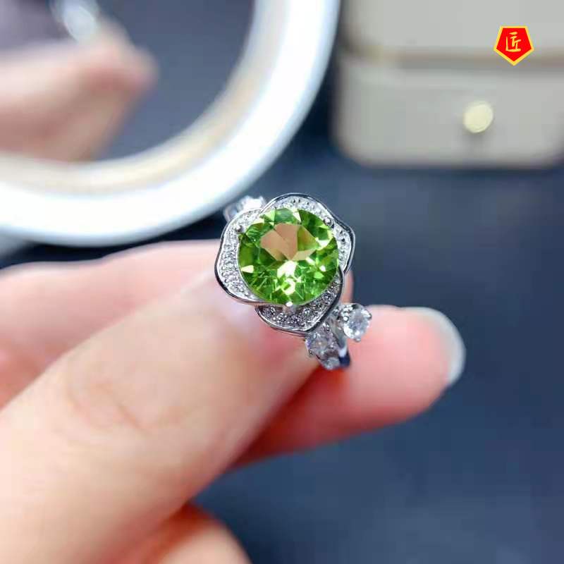 [Ready Stock]Creative Elegant Rose 2 Karat Natural Peridot Ring Female