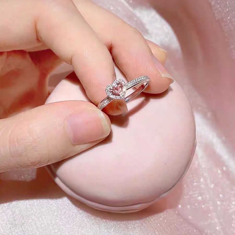 Disney Cincin 925 Silver Bentuk Hati Aksen Cubic Zirconia Warna Pink Ukuran Adjustable