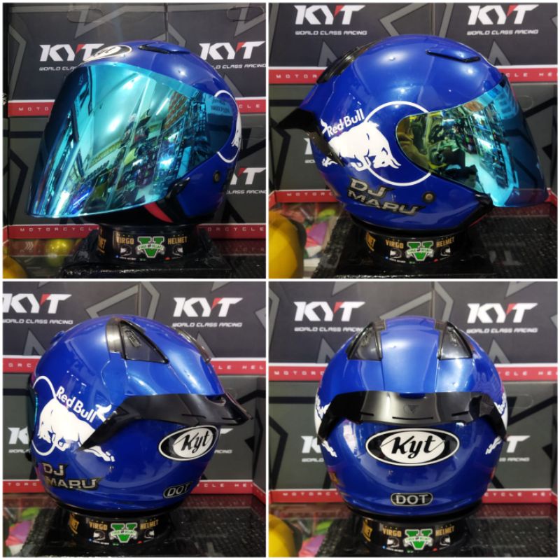 KYT HELM DJ MARU SOLID BLUE PAKET GANTENG RED BULL VISOR IRIDIUM + SPOILER