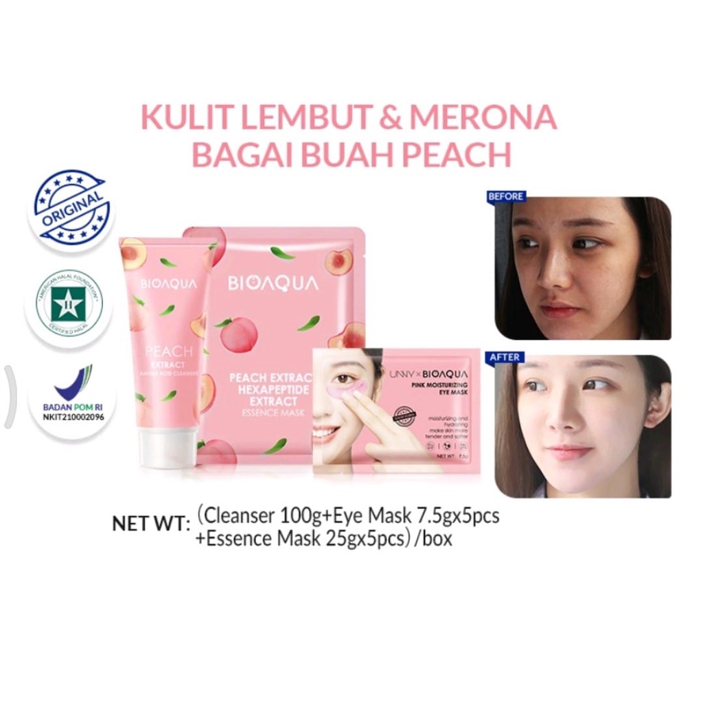 BIOAQUA Peach SkinCare Set Kecantikan Perawatan Set With Cleanser/Sheet mask/Eye mask Whitening Brig