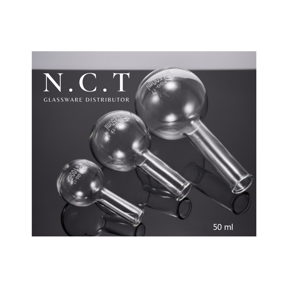 SHUNIU Transparent Borosilicate Glass Long Neck Round Bottom Boiling Flask 50 ml | Labu Didih