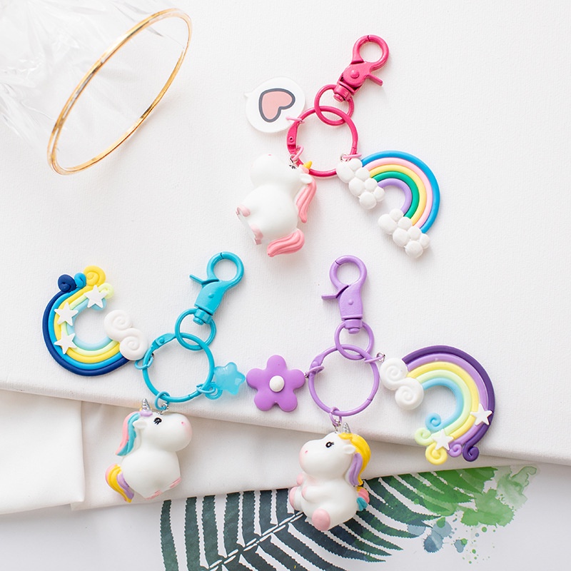 Cute Girl Unicorn Rainbow Flower Pendant Creative Couple Bag Car Key Chain