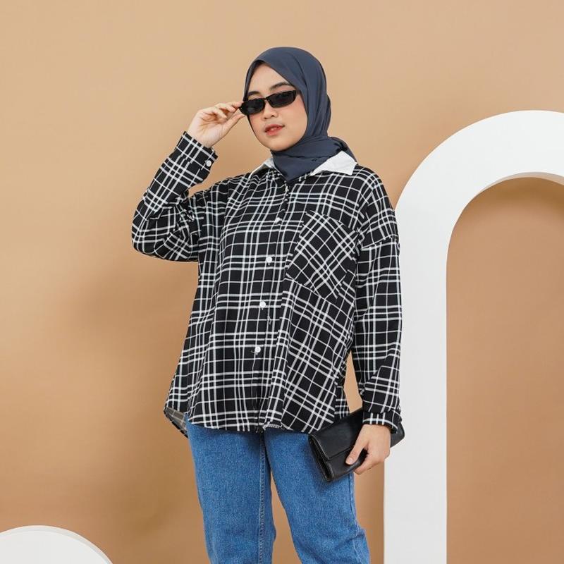 Baju Import Atasan Wanita Pesta Elegan Mewah Korea Blouse Bluss Keren Gayle Checkered Jumbo Oversize