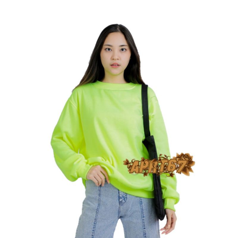 BAYAR DITEMPAT | APRT67 Jaket Sweater Polos Wanita Hijau Stabilo Billie Ellish,Crewneck Cewek Malang