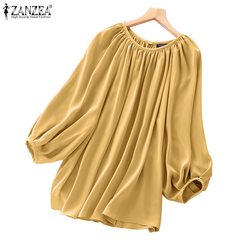 ZANZEA Womens Long Puff Sleeve O Neck Solid Spliced Casual Blouse