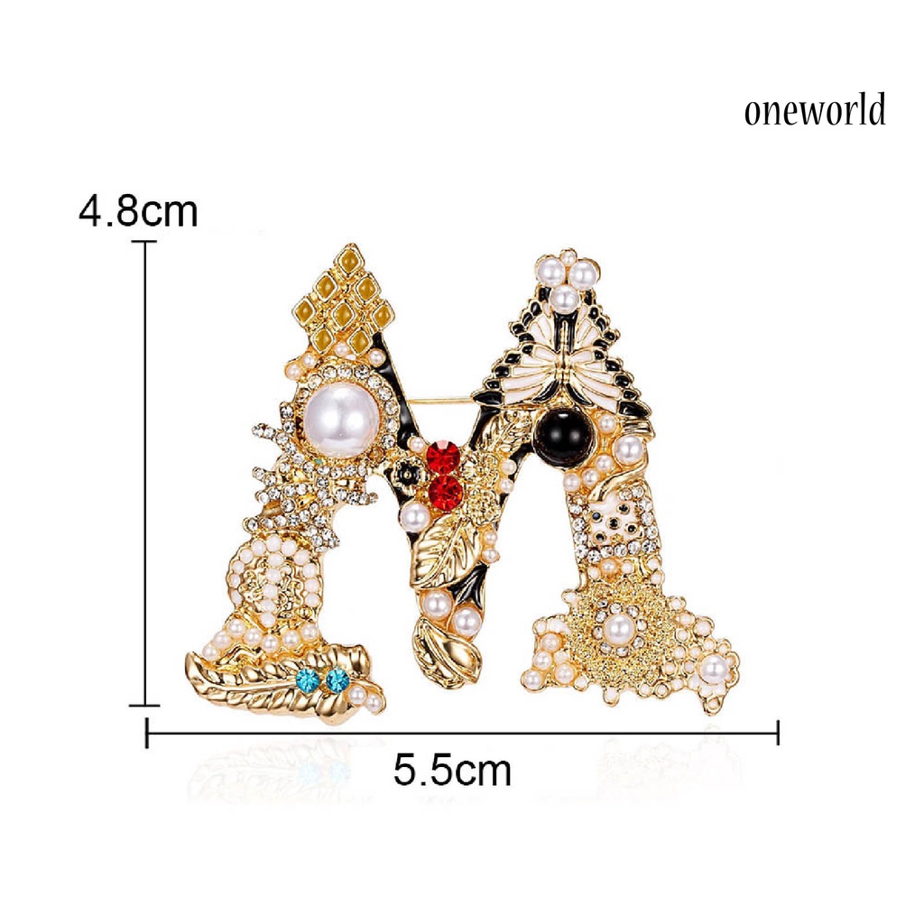 OW@ Enamel Brooch Pin Muti-Color Fashion Letter Shape Women Rhinestone Faux Pearl Brooch Pin for Party