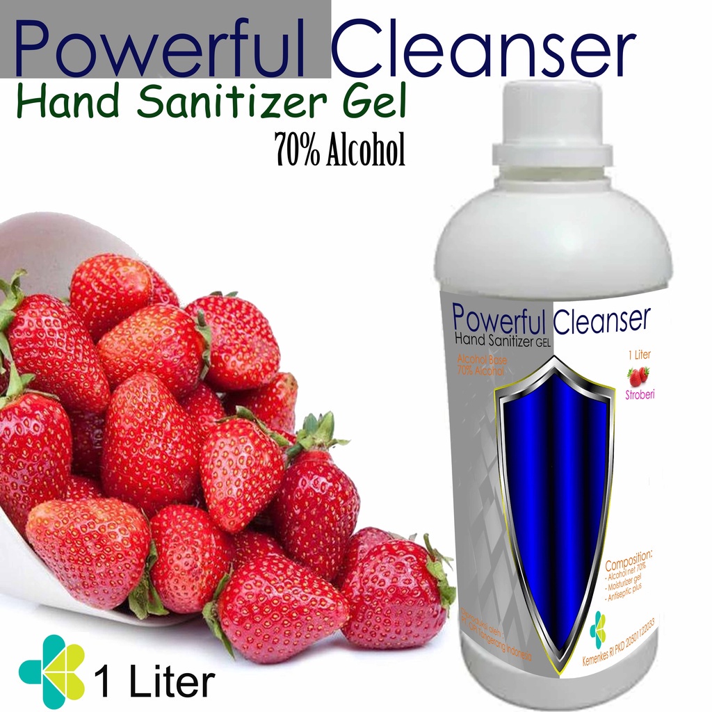 Hand sanitizer 1 Liter GEL Powerful Cleanser wangi Stroberi bonus botol pump varian baru By Oke Sabun sudah ada izin edar resmi by Oke sabun suplayer