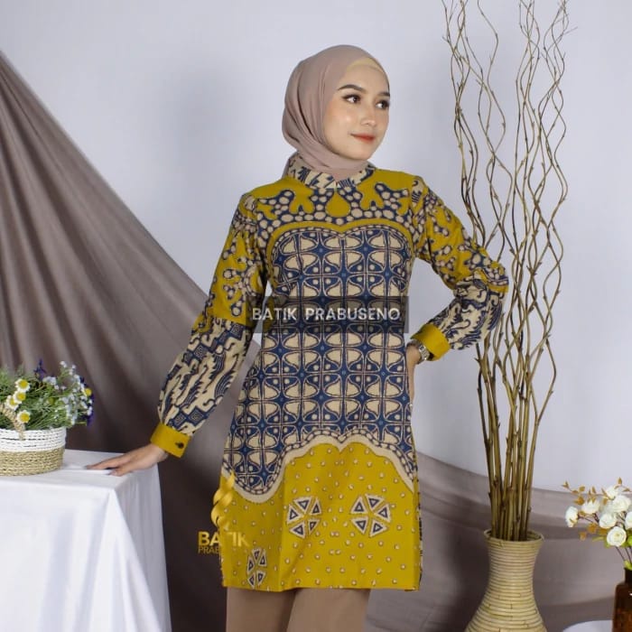 Batik Prabuseno Tunik Motif Veronica Kuning Atasan Baju Batik Wanita Bahan Katun Premium Adem Halus 