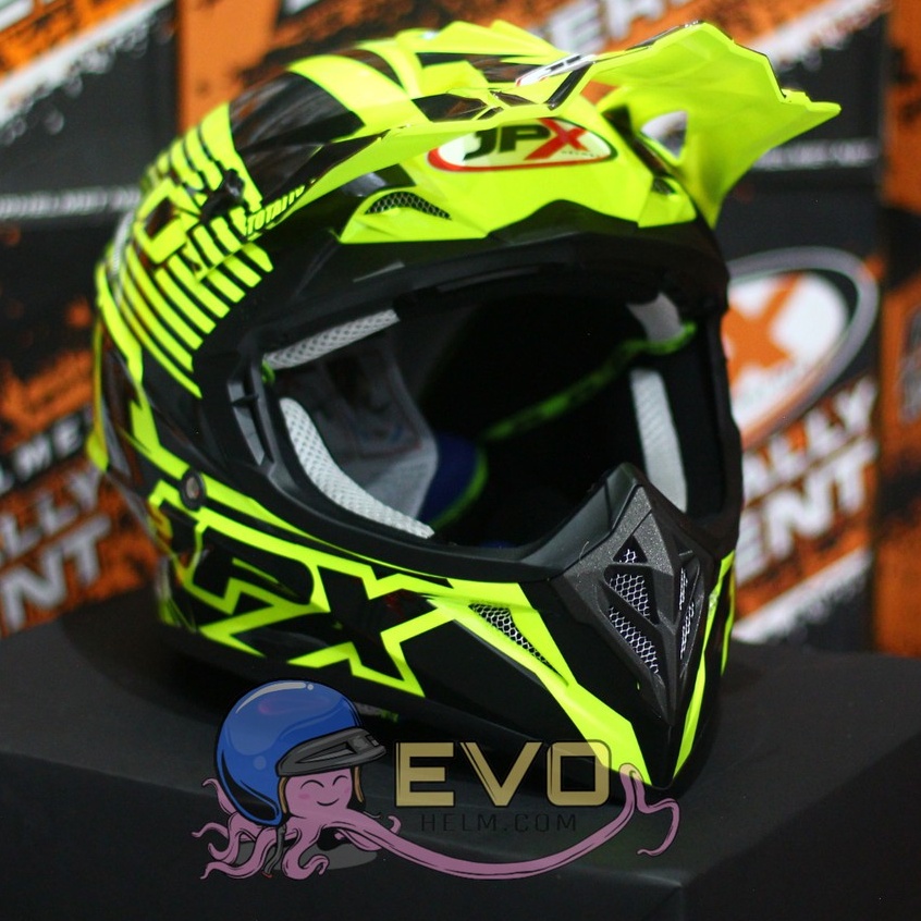 HELM JPX CROSS_FOX1 SERI X12 - FLUO YELLOW GLOSS + GOOGLE SNAIL (ONGKIR 2 KG) HELM JPX TERBARU