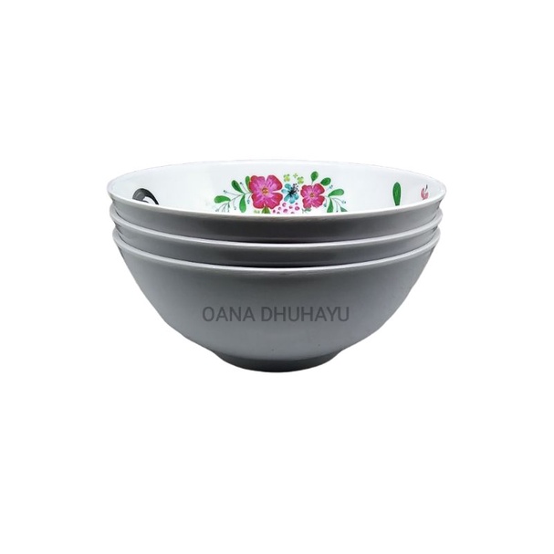 MANGKOK MELAMIN PUTIH  3  PCS MANGKOK MAKAN MELAMIN MANGKUK MELAMIN MOTIF BUNGA & AYAM JAGO