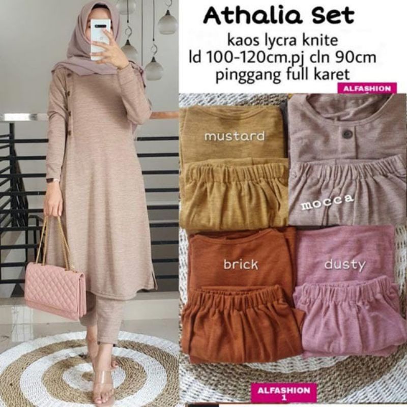 Setelan Muslimah ATHALIA One Set Tunik Celana Lycra Knit HQ