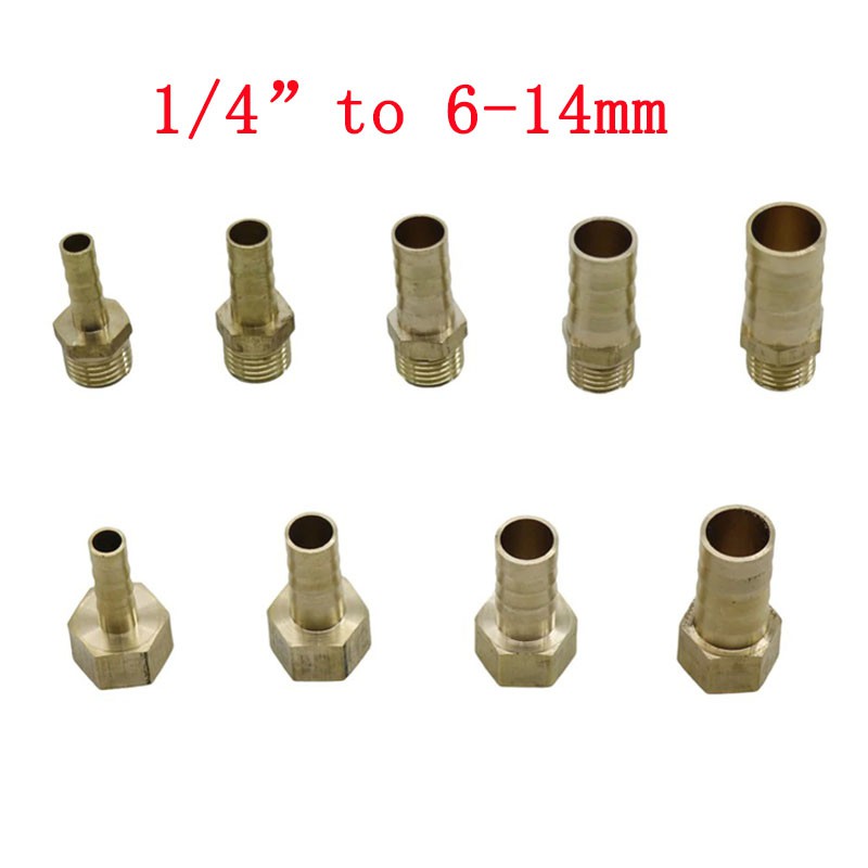 2Pcs 1/4"Female/Male Thread Brass Hose Connector to 6-14mm Barb Pipe