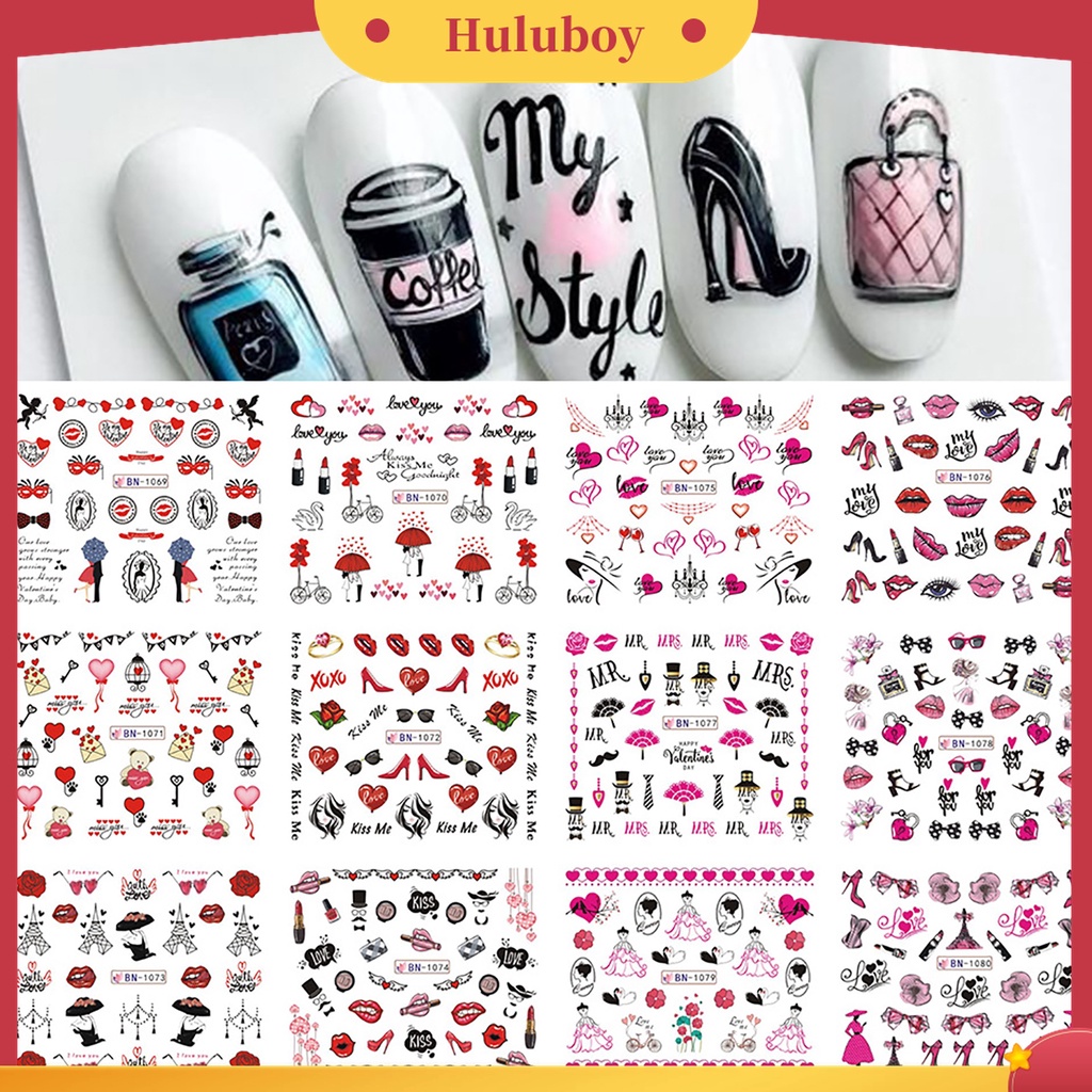 Huluboy Huluboy♡ Stiker Kuku Desain Valentine Romantis Ultra Tipis DIY Untuk Manicure