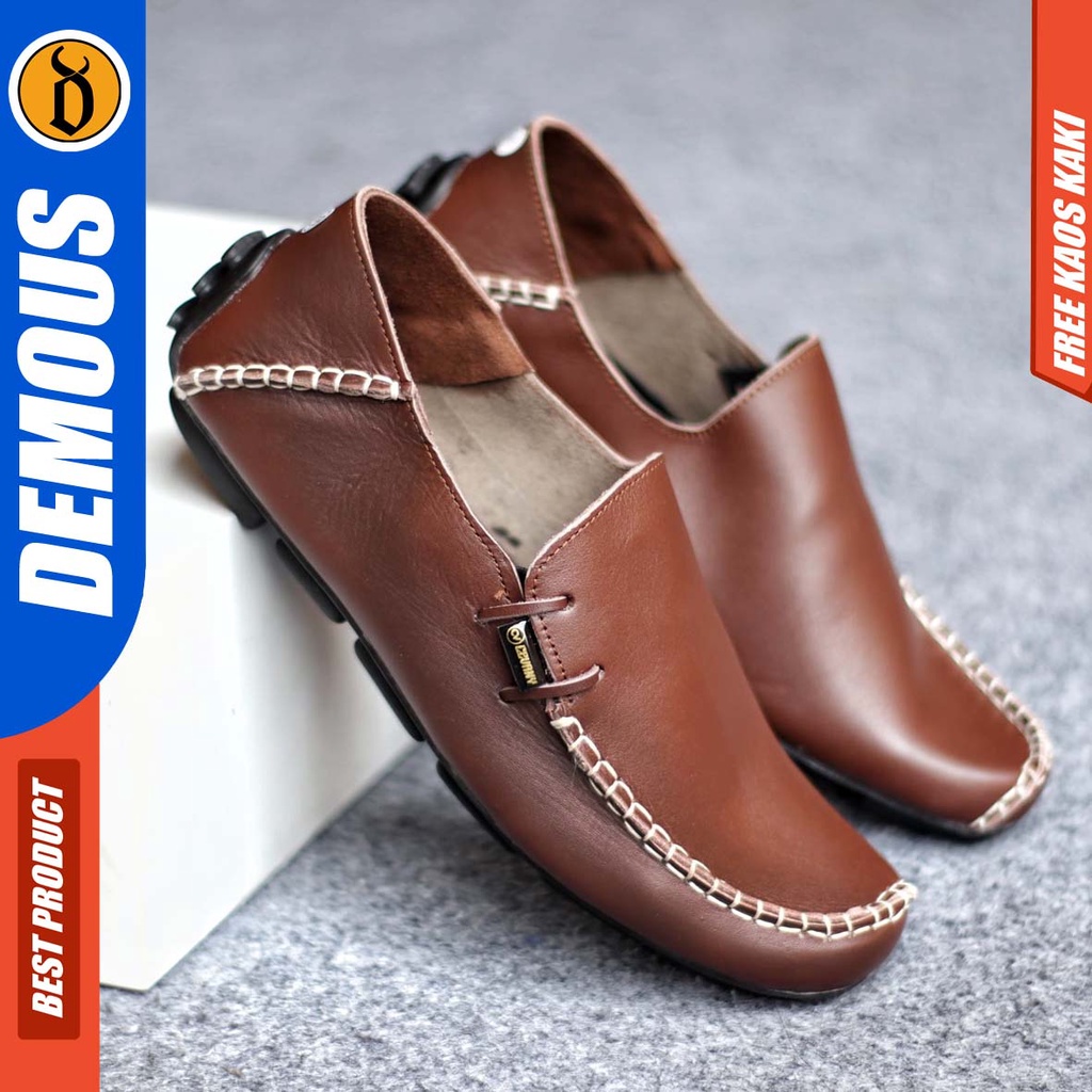 DEMOUS MOCCAS Sepatu Slip on Pria Santai Casual Formal Kulit Asli Kerja Kantor Kuliah Hitam-Coklat