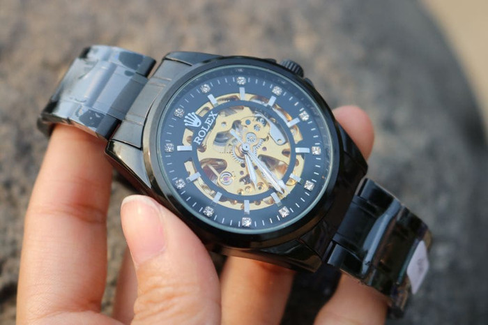 JAM TANGAN PRIA ROLEX AUTOMATIC SKELETON BESAR FULL BLACK (GOLD)