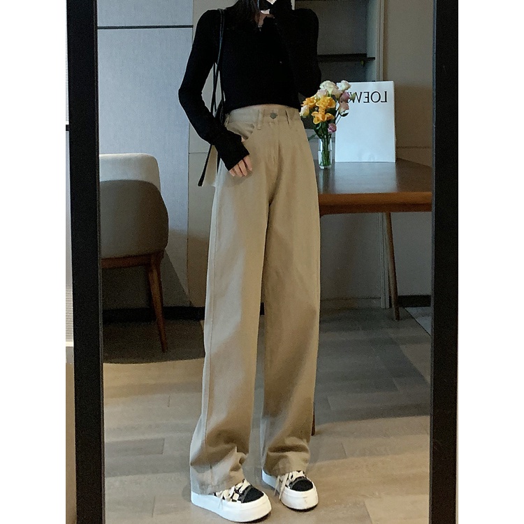 Import Korean Style Highwaist Loose Khaki Celana Jeans Panjang Wanita