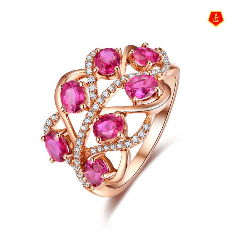 [Ready Stock]Elegant Personality Rose Gold Ruby Leaf Ring