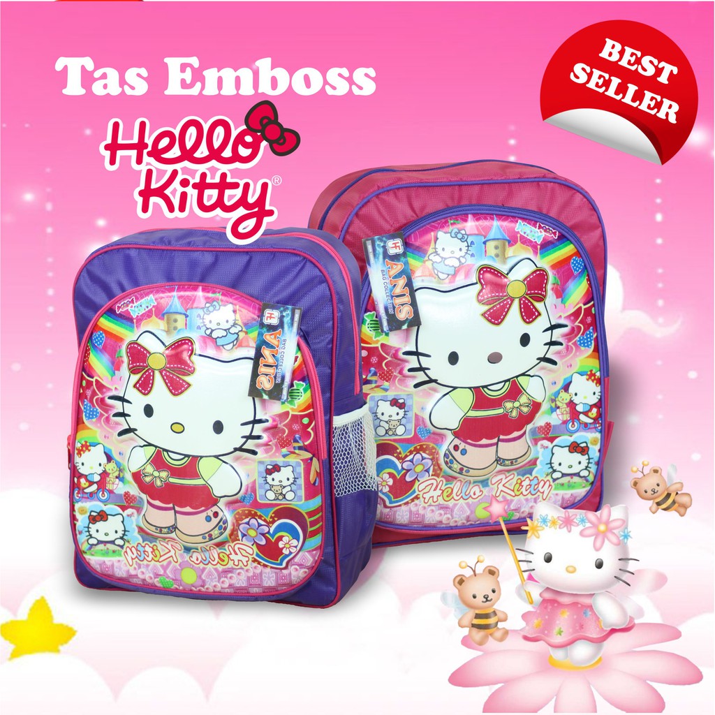 Ransel Sekolah Anak Perempuan Cewek TK SD Emboss Gambar Kartun Cewe Hello Kitty Cantik Bagus Murah