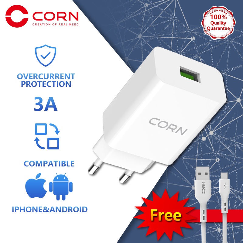 CORN Charger QE015 Original 3A 18W QC3.0 Fast Charging  EU Plug Quick Charging Charger With Kabel 3A Garansi Resmi 1 Tahun  untuk Samsung xiaomi vivo oppo