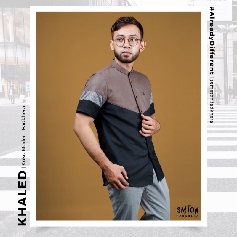 Koko Fadkhera KHALED - Kemeja Koko Modern Baju Koko Pria Kemeja Hitam Kemeja Lengan Pendek Hitam