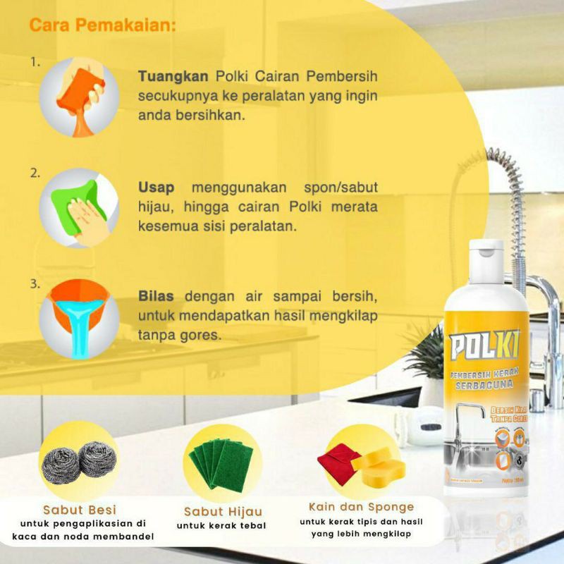 POLKI Pembersih Kerak Serbaguna 100ml - Penghilang Noda Stainless Steel Kaca Metal 100 ml / Pembersih Panci Keran Kran Air GRATIS SPONS CUCI PIRING