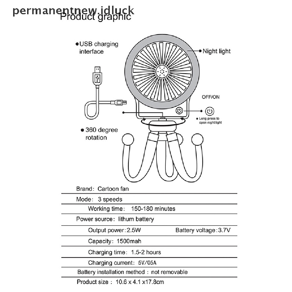 (luckypermanentnew) Kipas Angin Mini Portable Bentuk Gurita Charge USB Untuk Stroller Bayi