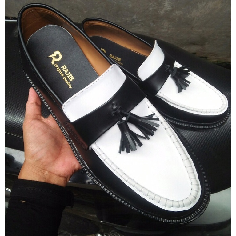 sepatu kulit asli loafer hitam dan putih-RAJIB