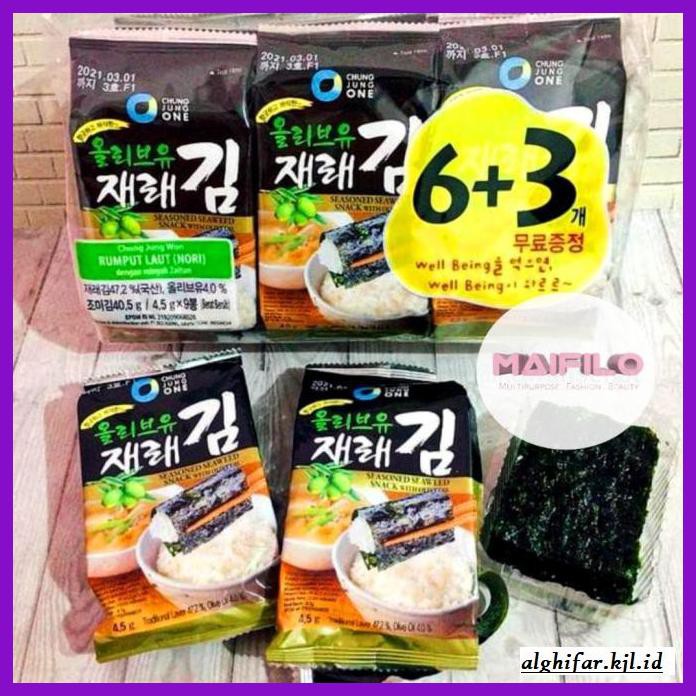 

Makanan-Kering- Chung Jung One Seaweed 6+3 Nori Olive Oil / Rumput Laut Korea -Aneka.