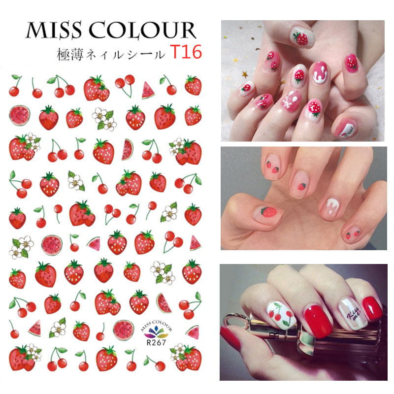16 pcs / set Hyuna Style Nail Sticker / Hyunya Gaya Yang Sama Nail Art / Nail Sticker / Nail Art Sticker / Aksesoris / Strawberry Rainbow Cherry Decal