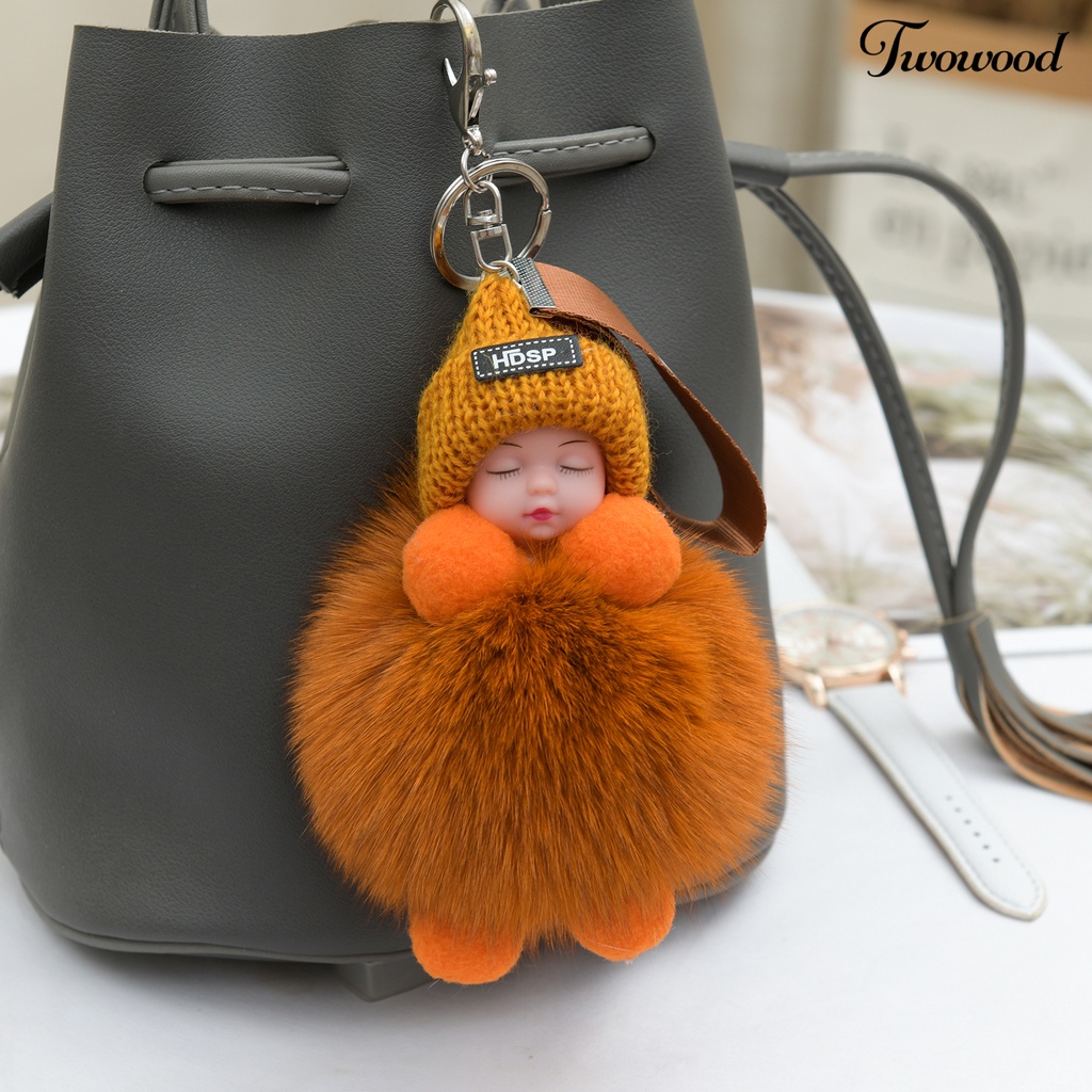 Twowood Gantungan Kunci Boneka Bayi Tidur Topi Rajut Fluffy Multi Warna Untuk Wanita