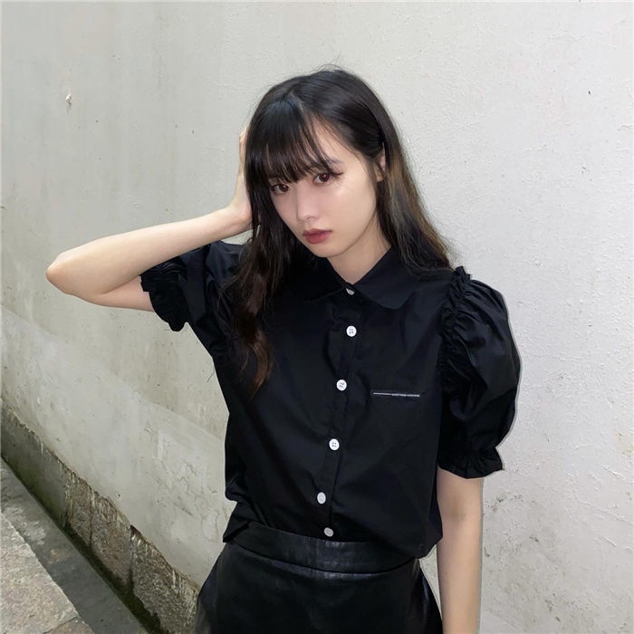 blus korea kemeja lengan puff lengan pendek warna solid atasan chic lembut wanita