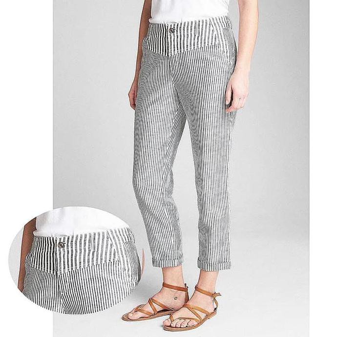PENGIRIMAN CEPAT CELANA BAHAN WANITA KERJA■ GAP LINEN STRIPE GIRLFRIEND CHINOS PANTS - GRAY -