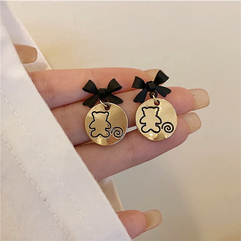 Anting Tusuk Sterling Silver 925 Model Beruang / Pita Hitam Lucu Ala Korea Untuk Wanita