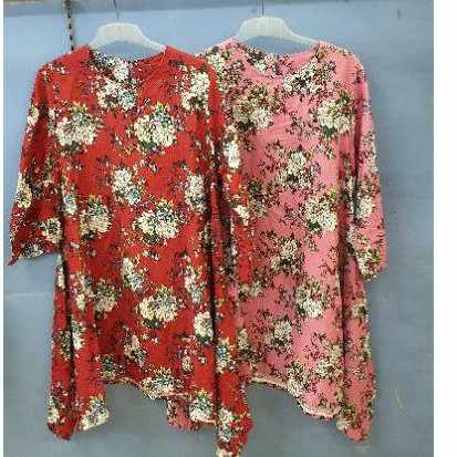 Blouse Tunik katun Linen Motif bunga ( warna: Pink)