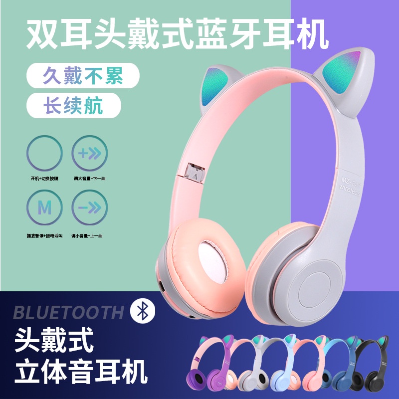 Headset Gaming Headphone Bluetooth Telinga Kucing LED Wireless Super Bass Gaming