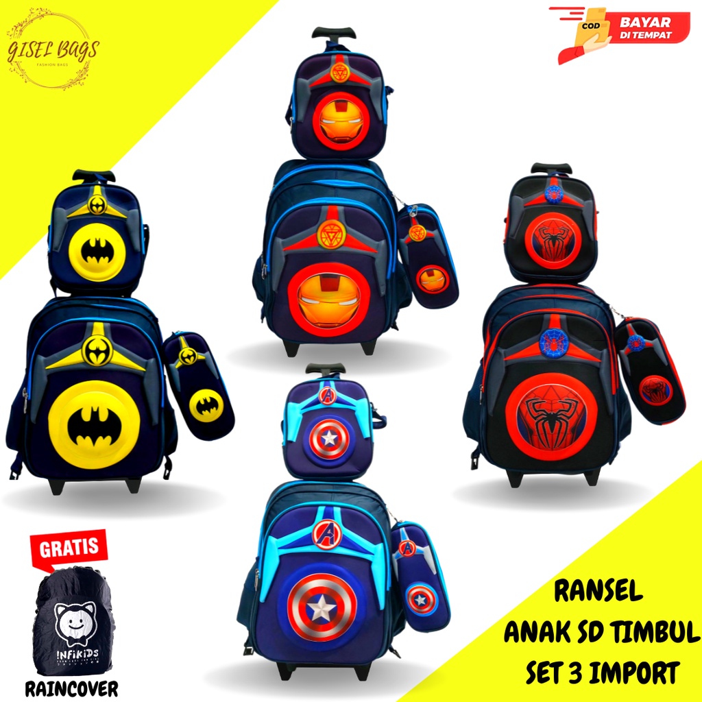 GB Tas ransel troli anak laki laki import gambar timbul karakter superhero tas ransel set 3