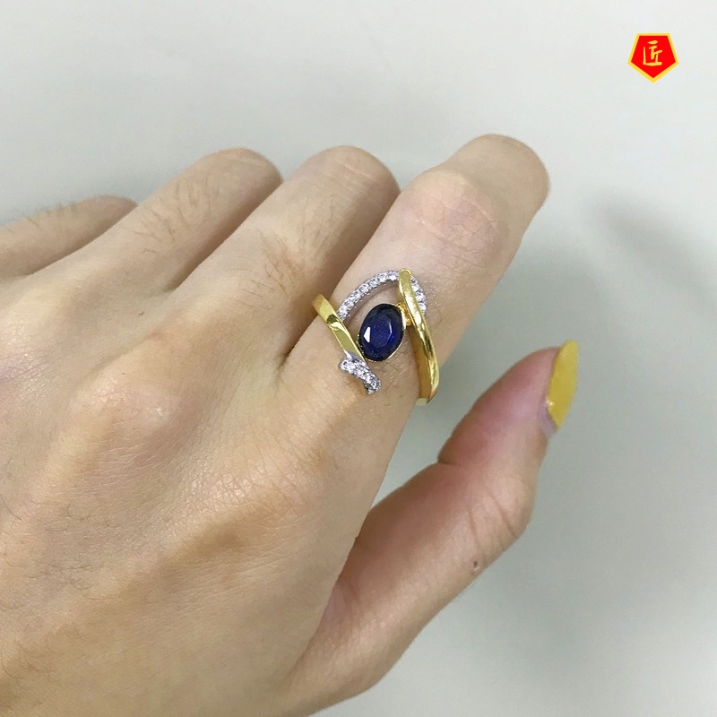 [Ready Stock]18K Gold Inlaid Sapphire Two-Tone Ring Creative Personality