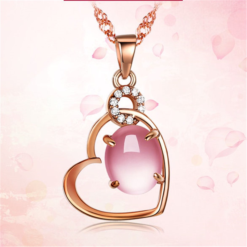 [Ready Stock]Fashion Silver Plated Love Heart Pink Crystal Pendant Necklace
