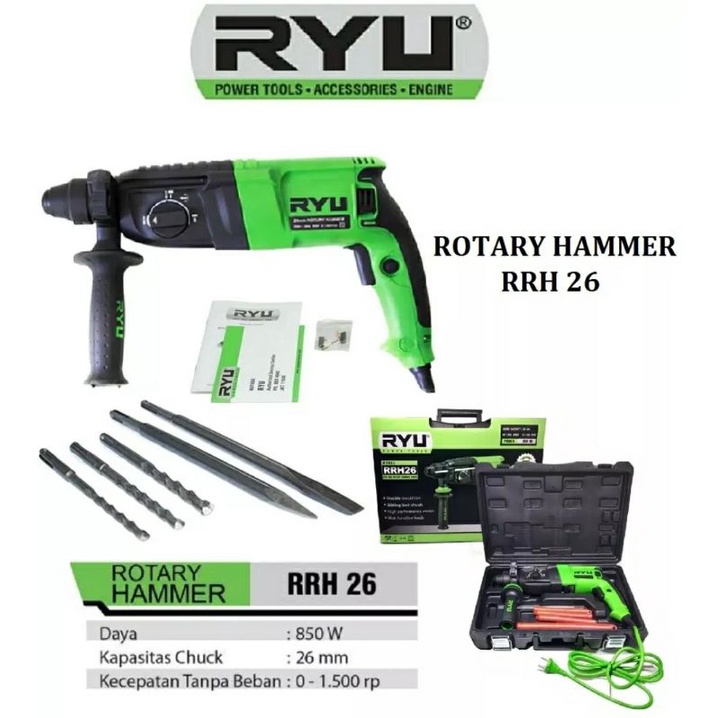 RYU RRH 26 Rotary Hammer 26mm Demolition Drill Mesin Bor Bobok Beton Tembok SDS Plus