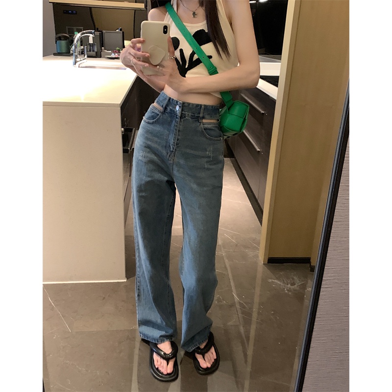 Gaya Korea Jeans Cutout Jeans Wanita Retro Pinggang Tinggi Longgar Lurus Celana Musim Panas Desain N