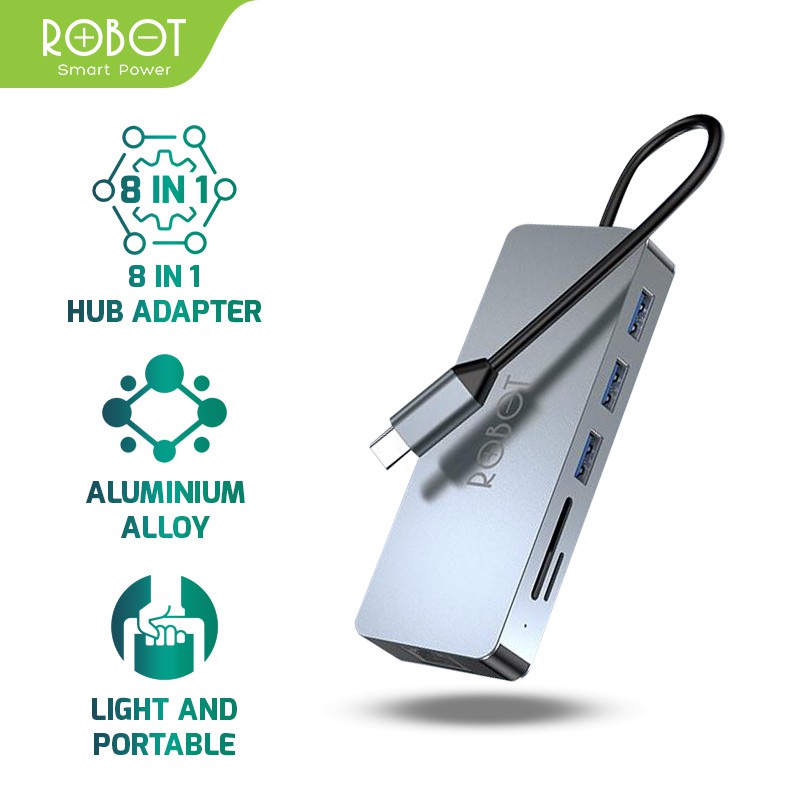 ROBOT HT380 Multiport 8 in1 USB Type C HUB Adapter Lightweight &amp; Portable Space Grey Garansi 1 Thn