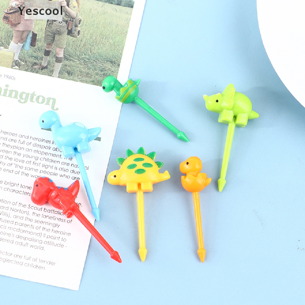 Yescool 6pcs / set Garpu Buah / Snack Mini Desain Kartun Dinosaurus Untuk Anak