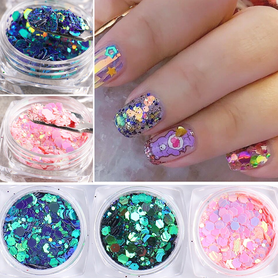 1jar Payet Glitter 3D Warna-Warni Ukuran Campur Untuk Dekorasi Nail Art DIY