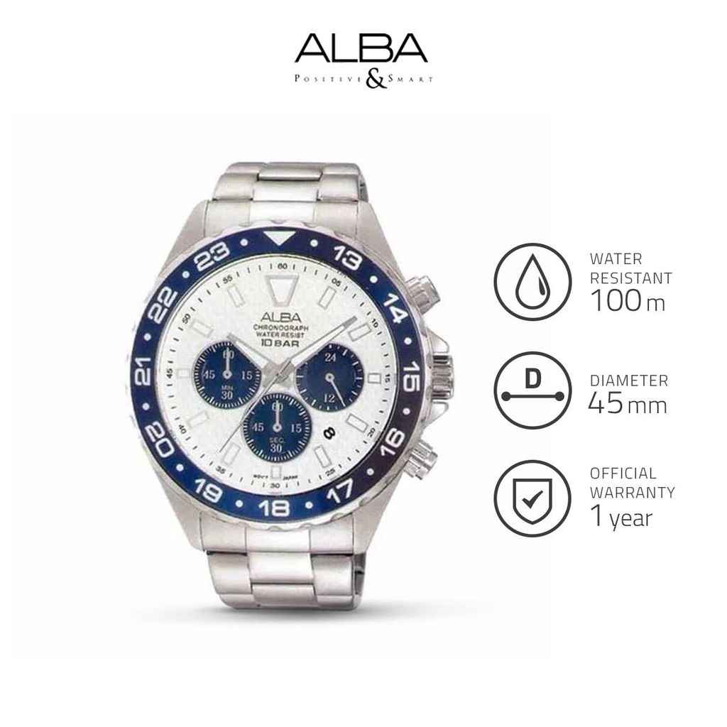 Alba Active Jam Tangan Pria Chronograph AT3909 / AT3909X1 Quartz White Blue Dial Stainless Steel Str