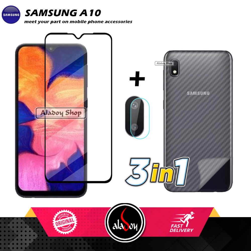 3 IN1 Tempered Glass Layar Samsung A10 Free Tempered Glass Camera dan Skin Carbon