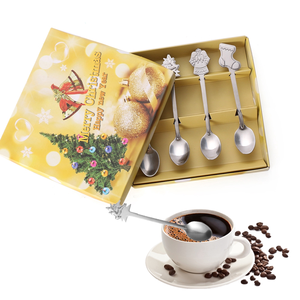 4pcs Sendok Kopi / Es Krim / Dessert Tema Natal Bahan Stainless Steel Untuk Anak-Anak