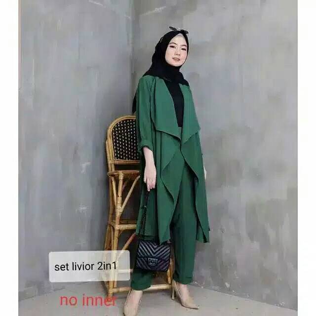 SET CARDI CELANA  LIVIOR 2IN1, MOSCREPE, GAMIS HIJAB MUSLIM, CARDIGAN, SETELAN